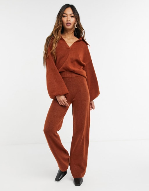 ASOS DESIGN sweater with open collar and pants set in rust ASOS