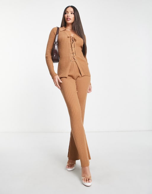 ASOS DESIGN Tall co-ord jumper and knitted trousers with lace up detail and coll