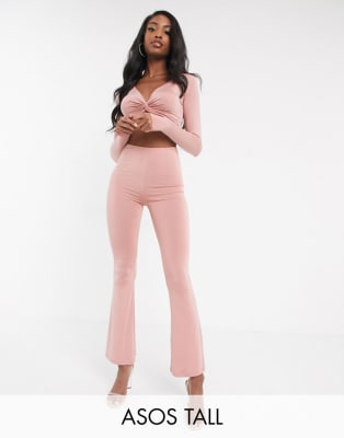 ASOS DESIGN Tall co-ord twist detail long sleeve top and slinky flare trouser