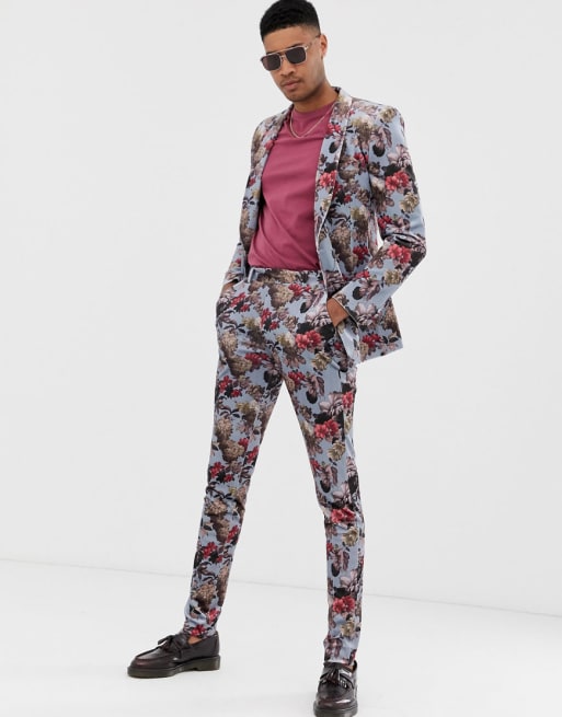 ASOS DESIGN Tall - Costume super slim en velours à fleurs - Bleu