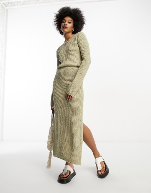 ASOS DESIGN Tall – Fakturowany zestaw z dzianiny o drabinkowym splocie w kolorze khaki: sweter i spódnica maxi
