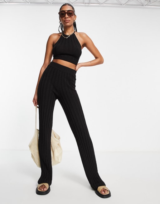 ASOS DESIGN Tall knit wide leg pants and halter neck top set in black |