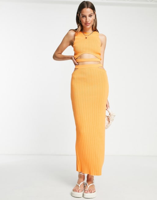 ASOS DESIGN Tall knitted cut out midi skirt and top co-ord in orange