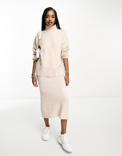 ASOS DESIGN Tall longline jumper with high neck & midi skirt in oatmeal ...