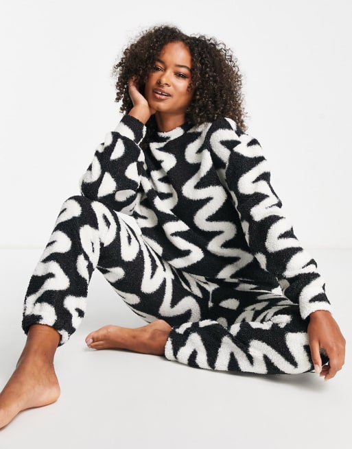ASOS DESIGN Tall lounge co-ord scribble print borg set in black