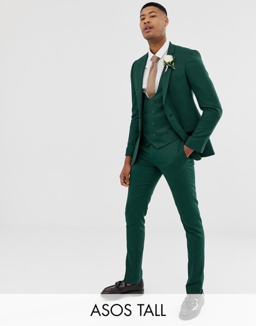 ASOS DESIGN Tall wedding skinny suit in forest green micro texture