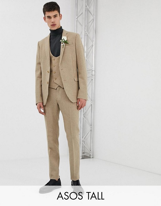 ASOS DESIGN Tall wedding skinny suit in stone micro check