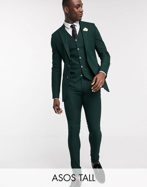 ASOS DESIGN Tall wedding super skinny suit in forest green micro texture