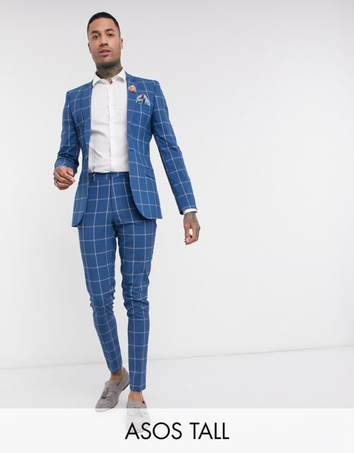 ASOS DESIGN Tall wedding super skinny suit in light blue windowpane check