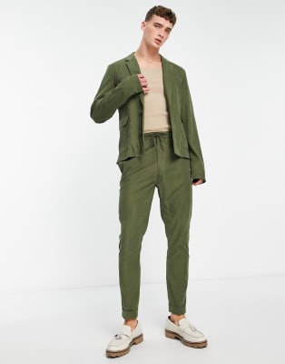 ASOS DESIGN tapered suit pants with sweatpants waist and turn up in khaki  green cotton