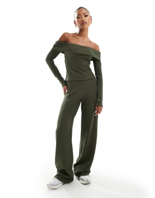 FhyzicsShops DESIGN textured bardot top & wide-leg pants set in khaki