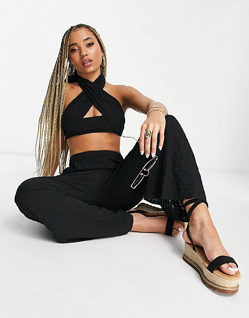 ASOS DESIGN textured beach crop top and trouser co-ord in black