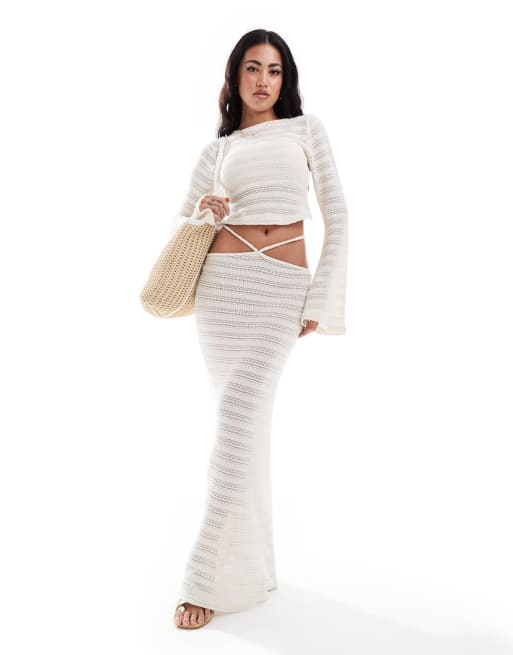 ASOS DESIGN textured long sleeve top with open back and midi skirt set in ivory