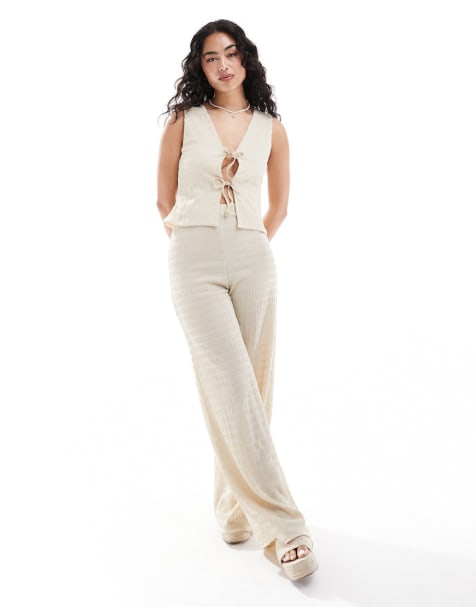ASOS DESIGN textured longline tie vest & wide leg pants set in stone - view 1