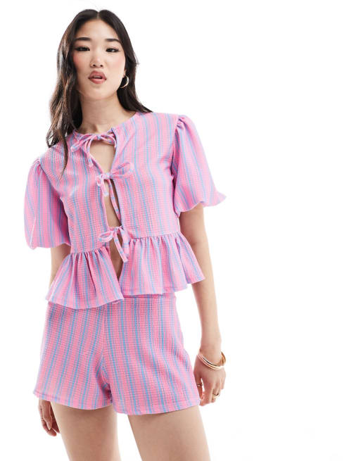 ASOS DESIGN textured volume sleeve tie front top & boxer shorts set in stripe