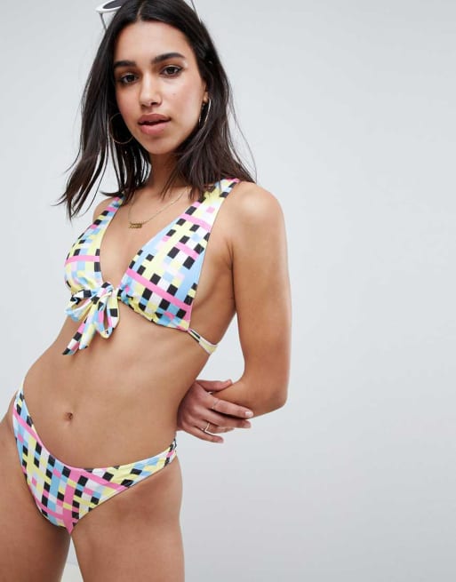 ASOS DESIGN tie front triangle bikini set in pixel print