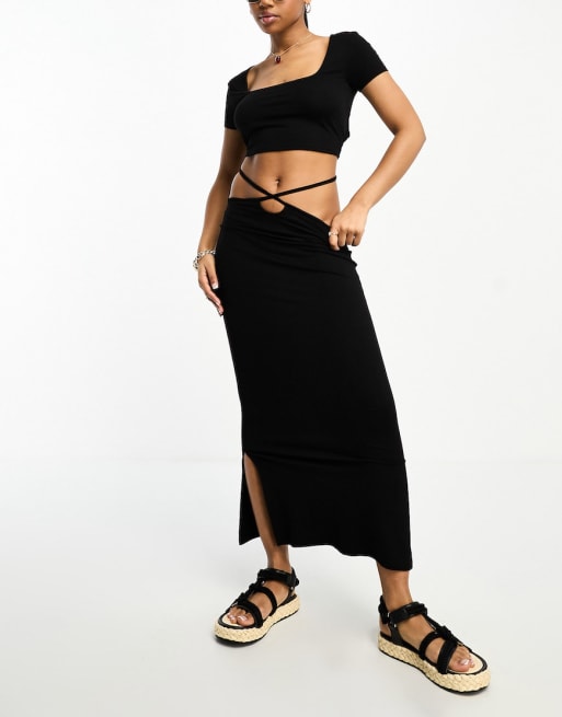 ASOS DESIGN tie waist midi skirt and short sleeve crop top with open back set
