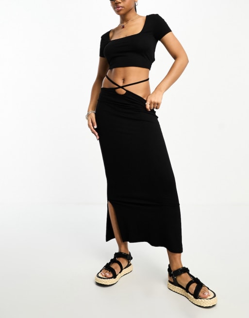 ASOS DESIGN tie waist midi skirt and short sleeve crop top with