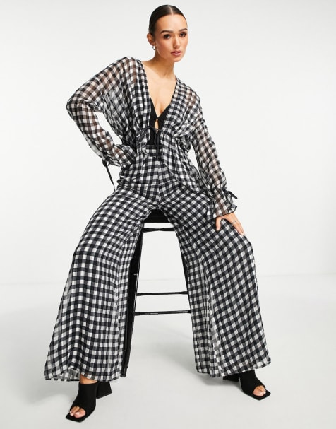 ASOS DESIGN tie waist top and pants in mono check - view 1