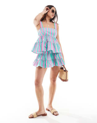 ASOS DESIGN tiered cami & mini skirt co-ord top in pink and green stripe - view 1