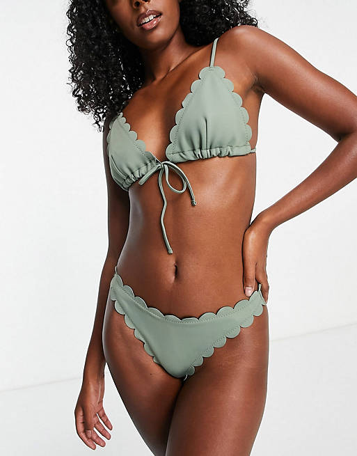 ASOS DESIGN - Triangel bikini met geschulpte randen en strik voor in khaki