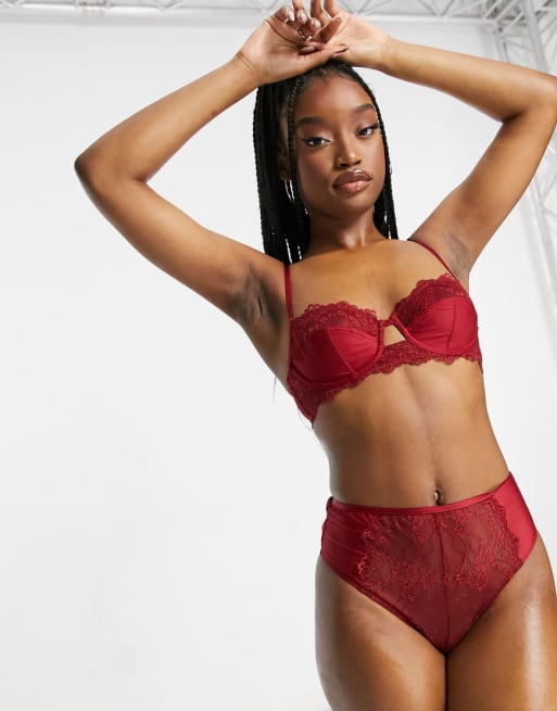 ASOS DESIGN Trudy lace padded bra & high waisted briefs in dark red