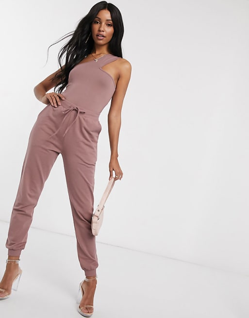 ASOS DESIGN two-piece basic jogger with tie and asymmetric bodysuit in dark taupe | ASOS