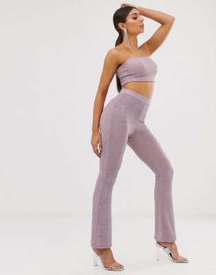 ASOS DESIGN two-piece cami crop top and flare pants in lilac glitter