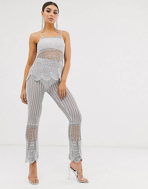 ASOS DESIGN two-piece crochet cami in metalic yarn & high waisted flares in metalic