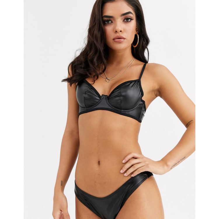 ASOS DESIGN hipster bikini bottom in black wet look