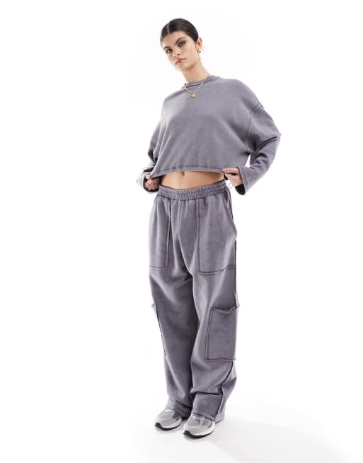 ASOS DESIGN utility sweatshirt and sweatpants set in charcoal wash