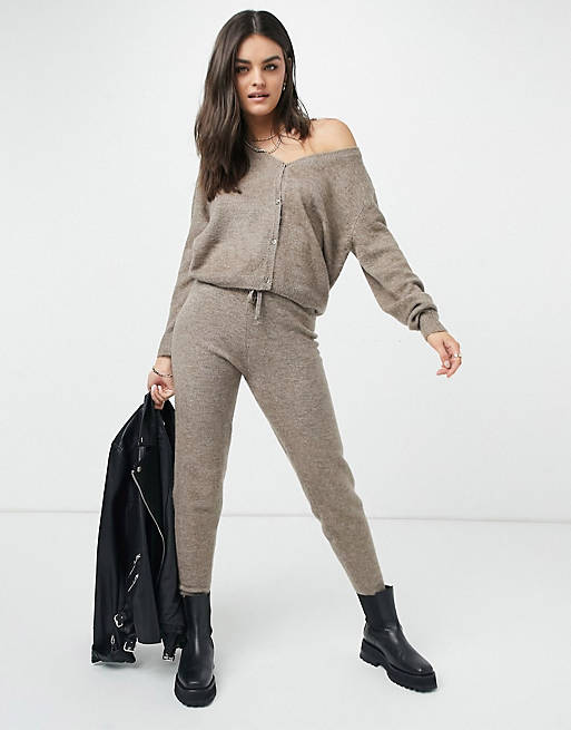 ASOS DESIGN v neck cardi and joggers co-ord in taupe