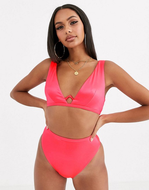 ASOS DESIGN v wire mirror satin bikini in hot coral pink