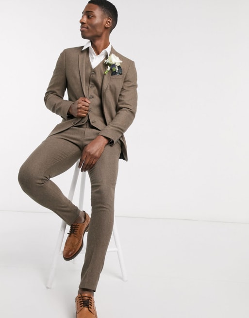 ASOS DESIGN Wedding - Abito skinny in misto lana color cammello a spina di pesce