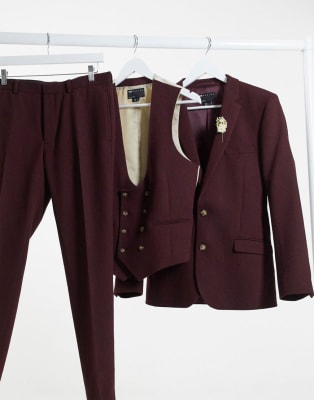ASOS DESIGN Wedding – Burgundowy garnitur o bardzo obcisłym kroju z diagonalu z domieszką wełny