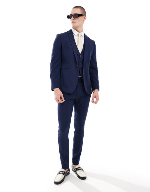 ASOS DESIGN Wedding – Eng geschnittener Anzug mit feiner Struktur in Marineblau