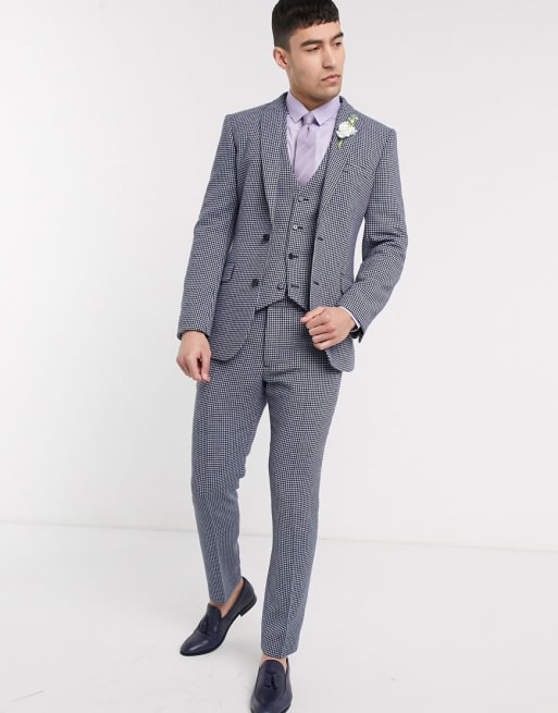 ASOS DESIGN Wedding – Enger Anzug aus Wollmischung mit kleinem Karomuster in Blau und Grau