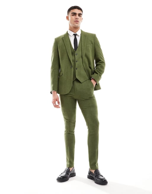 ASOS DESIGN Wedding – Garnitur o obcisłym kroju w jodełkę w kolorze khaki