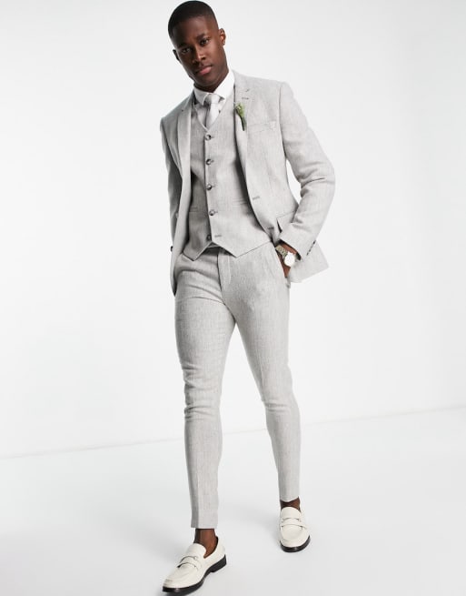 ASOS DESIGN Wedding – Jasnoszary garnitur w jodełkę o bardzo obcisłym kroju