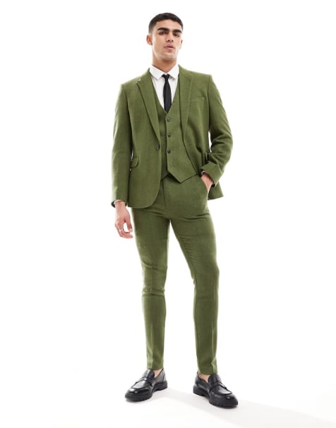 ASOS DESIGN Wedding - Kakifarvet skinny-jakkesæt med sildebensmønster - view 1