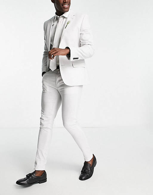 ASOS DESIGN wedding linen super skinny suit with prince of wales check in grey