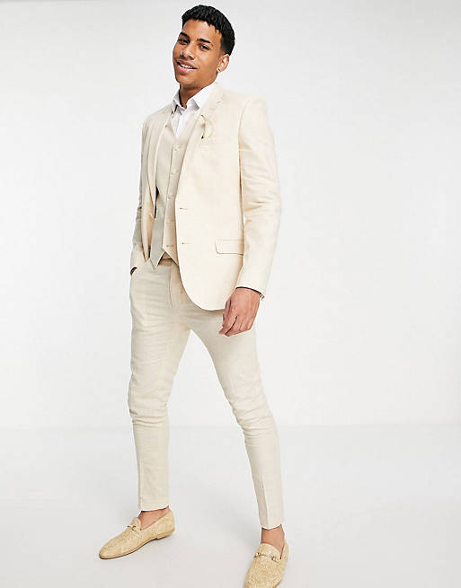 ASOS DESIGN wedding linen mix super skinny suit with prince of wales check in st