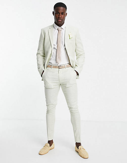 ASOS DESIGN wedding linen mix super skinny suit jacket with puppytooth check in green