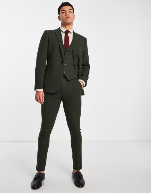 ASOS DESIGN Wedding - Mørkegrønt skinny-jakkesæt i uldblanding med kurveflet-tekstur