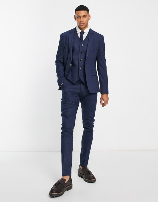 ASOS DESIGN Wedding – Obcisły garnitur z domieszką wełny o koszykowym splocie w kolorze indygo