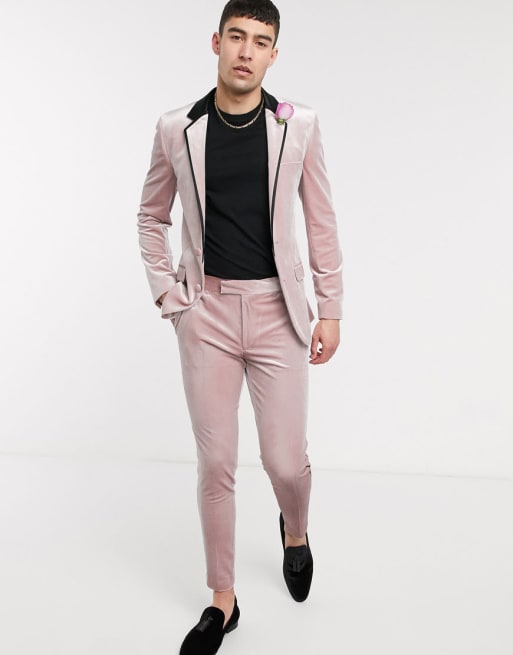 ASOS DESIGN wedding – Rosa smokingkavaj i sammet med supersmal passform