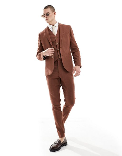 FhyzicsShops DESIGN wedding skinny brown linen suit in micro texture