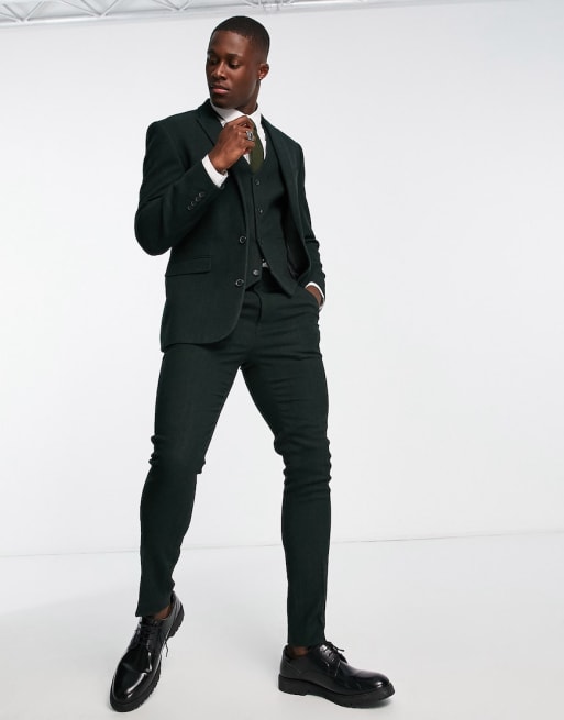 ASOS DESIGN Wedding - Skinny pak van wolmix in bosgroen met visgraatmotief