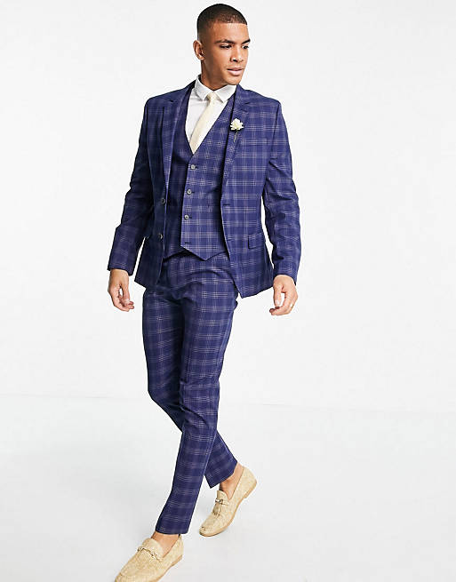 ASOS DESIGN wedding skinny suit in blue and grey bold check