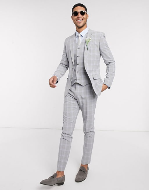 ASOS DESIGN wedding skinny suit in blue and grey windowpane check